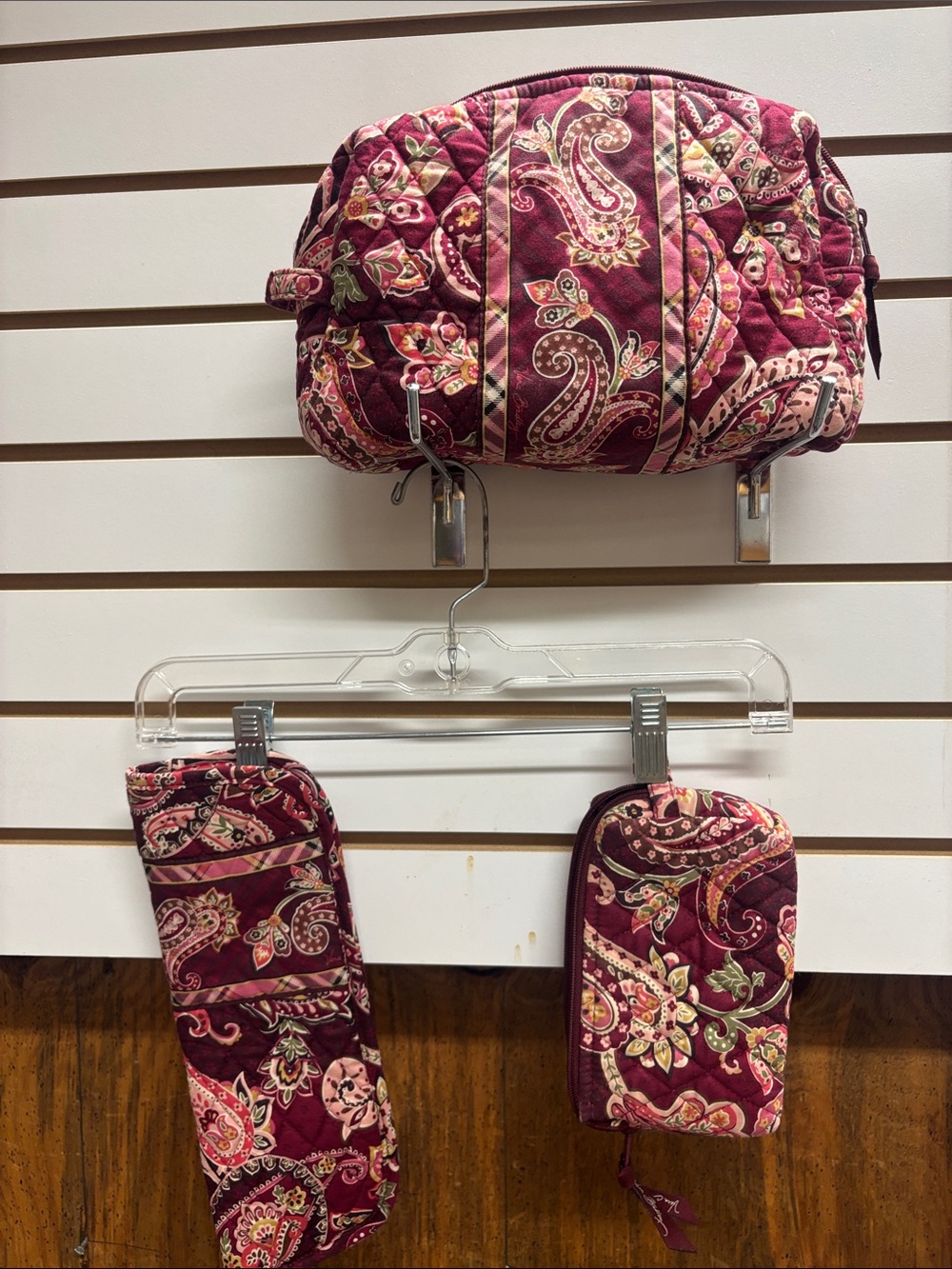 Vera Bradley Quilted Paisley Cosmetic Bag Trio in Burgundy and Pink